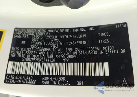 2019 Toyota Highlander Limited from USA, damaged, VIN 5TDDZRFH6KS744128